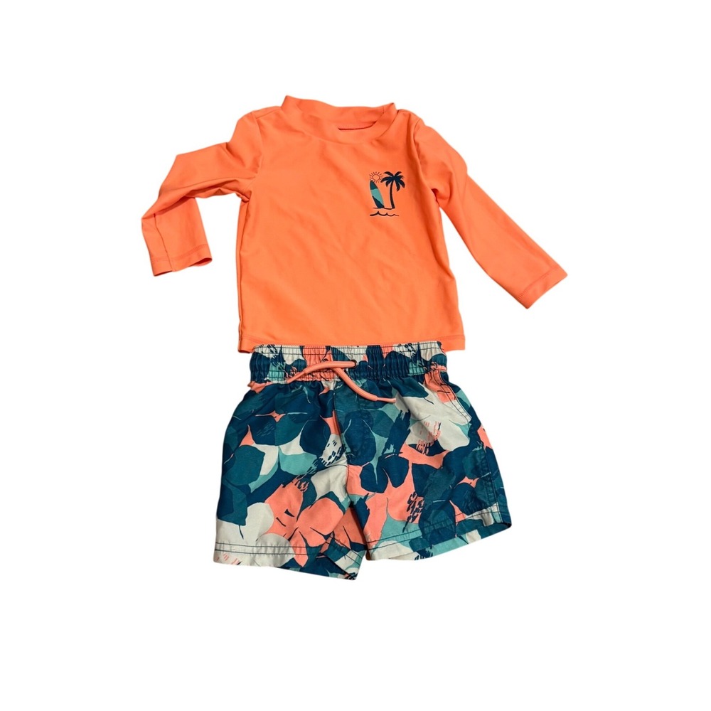 Just One You by Carters Baby Boys Neon Orange Rash Guard Swim Trunks Set 12M